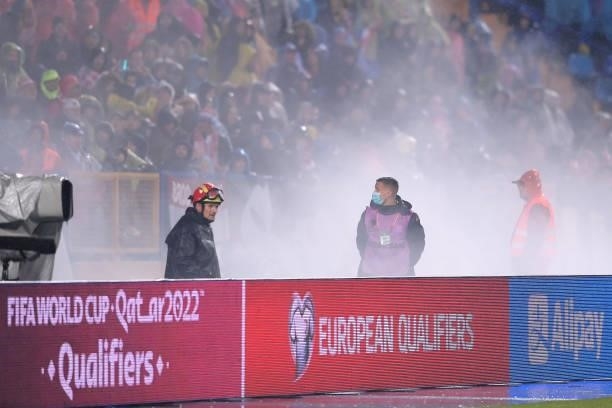 Croatia fans light up flares during the 2022 FIFA World Cup Group H Qualifier match between Croatia and Slovakia at Gradski Vrt Stadium on October...