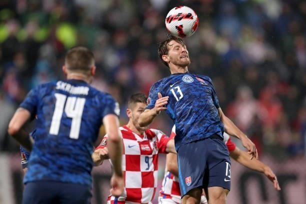 Patrik Hrosovsky of Slovakia gets up for a header during the 2022 FIFA World Cup Group H Qualifier match between Croatia and Slovakia at Gradski Vrt...