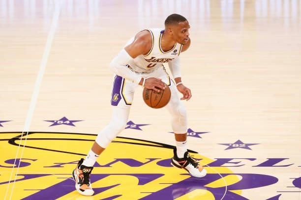 Russell Westbrook of the Los Angeles Lakers dribbles the ball during a preseason game against the Phoenix Suns on October 10, 2021 at STAPLES Center...