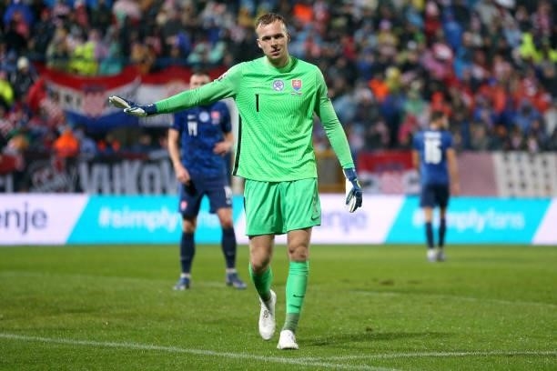 Goalkeeper Marek Rodak of Slovakia gestures during the 2022 FIFA World Cup Group H Qualifier match between Croatia and Slovakia at Gradski Vrt...