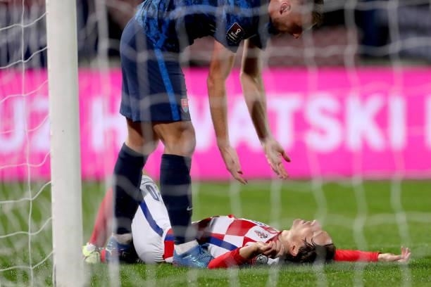 Luka Modric of Croatia lies on the pitch during the 2022 FIFA World Cup Group H Qualifier match between Croatia and Slovakia at Gradski Vrt Stadium...