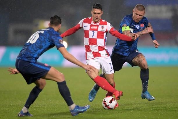 Josip Brekalo of Croatia controls a ball during the 2022 FIFA World Cup Group H Qualifier match between Croatia and Slovakia at Gradski Vrt Stadium...