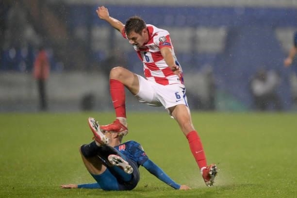 Josip Stanisic of Croatia in action during the 2022 FIFA World Cup Group H Qualifier match between Croatia and Slovakia at Gradski Vrt Stadium on...