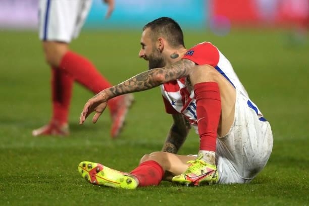 Marcelo Brozovic of Croatia lies on the pitch during the 2022 FIFA World Cup Group H Qualifier match between Croatia and Slovakia at Gradski Vrt...