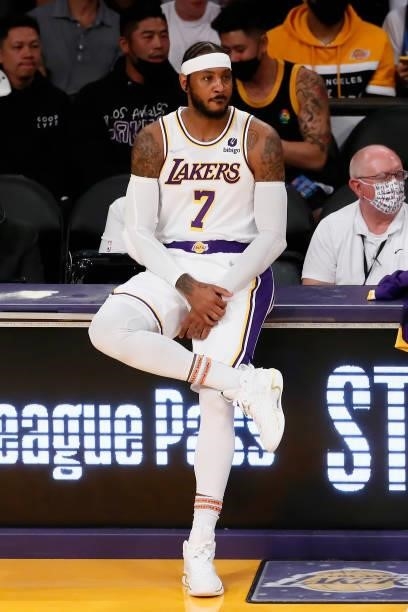 Carmelo Anthony of the Los Angeles Lakers looks on during a preseason game against the Phoenix Suns on October 10, 2021 at STAPLES Center in Los...