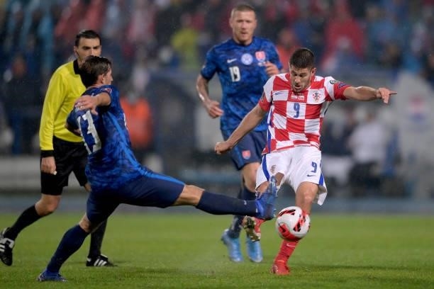 Andrej Kramaric of Croatia takes a shot during the 2022 FIFA World Cup Group H Qualifier match between Croatia and Slovakia at Gradski Vrt Stadium on...