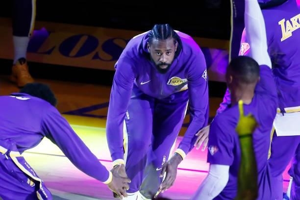 DeAndre Jordan of the Los Angeles Lakers runs on the court before the preseason game against the Phoenix Suns on October 10, 2021 at STAPLES Center...