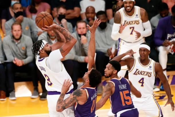 Anthony Davis of the Los Angeles Lakers shoots the ball during a preseason game against the Phoenix Suns on October 10, 2021 at STAPLES Center in Los...