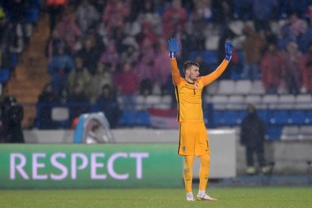 Goalkeeper Dominik Livakovic of Croatia gestures during the 2022 FIFA World Cup Group H Qualifier match between Croatia and Slovakia at Gradski Vrt...
