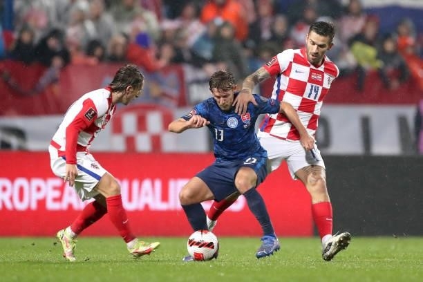 Patrik Hrosovsky of Slovakia in action during the 2022 FIFA World Cup Group H Qualifier match between Croatia and Slovakia at Gradski Vrt Stadium on...