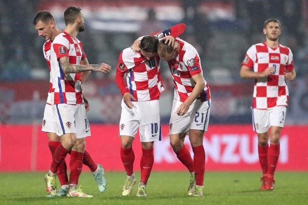 Luka Modric of Croatia and teammates celebrate a goal during the 2022 FIFA World Cup Group H Qualifier match between Croatia and Slovakia at Gradski...