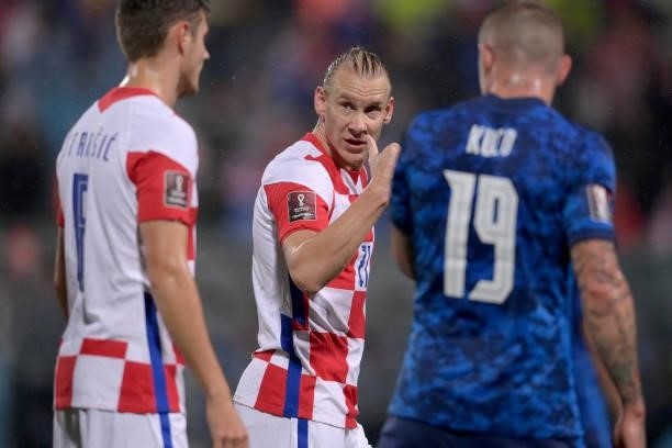 Domagoj Vida of Croatia gestures during the 2022 FIFA World Cup Group H Qualifier match between Croatia and Slovakia at Gradski Vrt Stadium on...