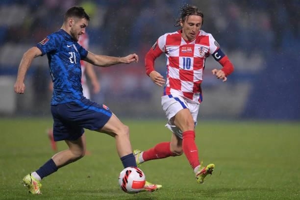 Matus Bero of Slovakia controls a ball during the 2022 FIFA World Cup Group H Qualifier match between Croatia and Slovakia at Gradski Vrt Stadium on...