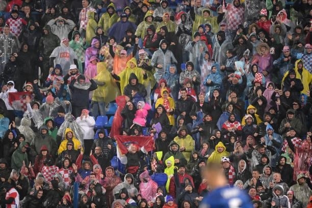 Croatia fans during the 2022 FIFA World Cup Group H Qualifier match between Croatia and Slovakia at Gradski Vrt Stadium on October 11, 2021 in...
