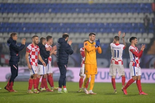 Croatia players reacts after the 2022 FIFA World Cup Group H Qualifier match between Croatia and Slovakia at Gradski Vrt Stadium on October 11, 2021...