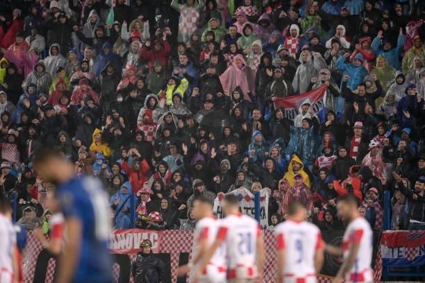 Croatia fans during the 2022 FIFA World Cup Group H Qualifier match between Croatia and Slovakia at Gradski Vrt Stadium on October 11, 2021 in...