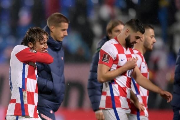 Croatia players react after during the 2022 FIFA World Cup Group H Qualifier match between Croatia and Slovakia at Gradski Vrt Stadium on October 11,...