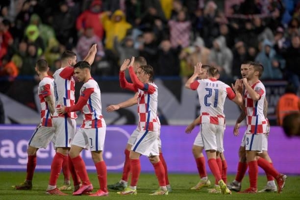 Croatia players celebrate a goal during the 2022 FIFA World Cup Group H Qualifier match between Croatia and Slovakia at Gradski Vrt Stadium on...