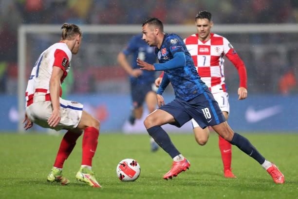 Ivan Schranz of Slovakia in action during the 2022 FIFA World Cup Group H Qualifier match between Croatia and Slovakia at Gradski Vrt Stadium on...