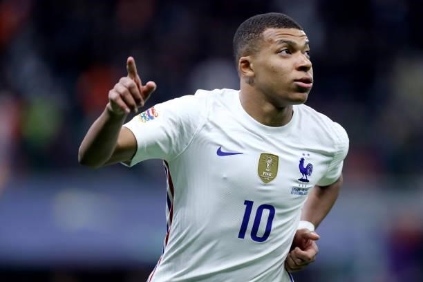 Kylian Mbappe of France celebrates after scoring his team's second goal during the UEFA Nations League Final match between the Spain and France at...