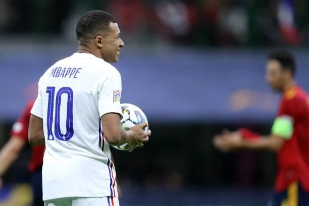 Kylian Mbappe of France looks on during the UEFA Nations League Final match between the Spain and France at San Siro Stadium on October 10, 2021 in...