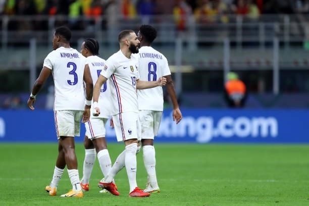 Karim Benzema of France celebrates after scoring his team's first goal during the UEFA Nations League Final match between the Spain and France at San...