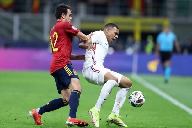 Eric Garcia of Spain and Kylian Mbappe of France battle for the ball during the UEFA Nations League Final match between the Spain and France at San...