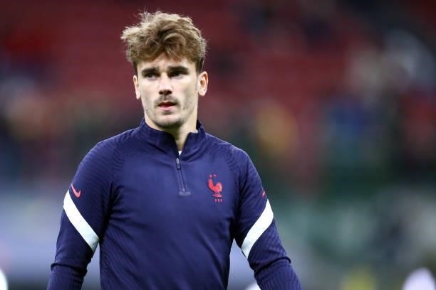 Antoine Griezmann of France warm up prior to the UEFA Nations League Final match between the Spain and France at San Siro Stadium on October 10, 2021...