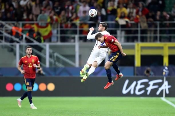 Theo Hernandez of Franceund Cesar Azpilicueta of Spain battle for the ball during the UEFA Nations League Final match between the Spain and France at...