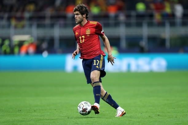 Marcos Alonso of Spain controls the ball during the UEFA Nations League Final match between the Spain and France at San Siro Stadium on October 10,...