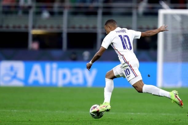 Kylian Mbappe of France controls the ball during the UEFA Nations League Final match between the Spain and France at San Siro Stadium on October 10,...