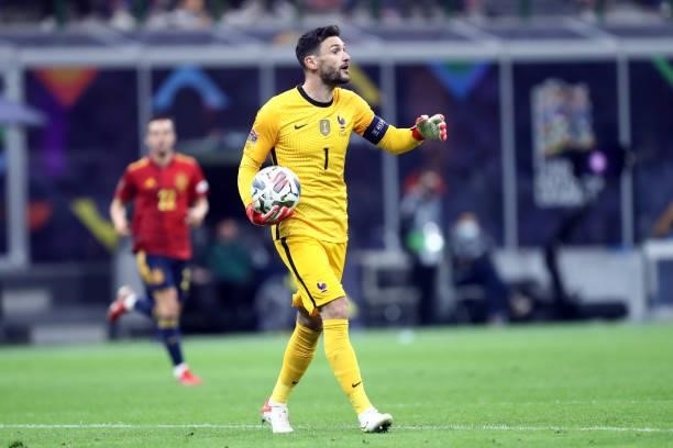 Hugo Lloris of France controls the ball during the UEFA Nations League Final match between the Spain and France at San Siro Stadium on October 10,...