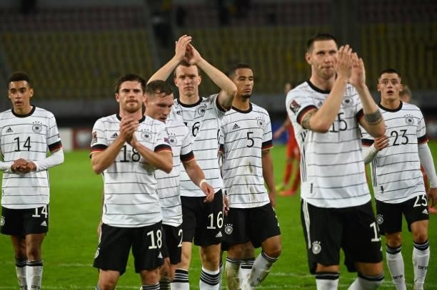 Germany players celebrates after winning the FIFA World Cup Qatar 2022 qualification Group J football match between North Macedonia and Germany at...