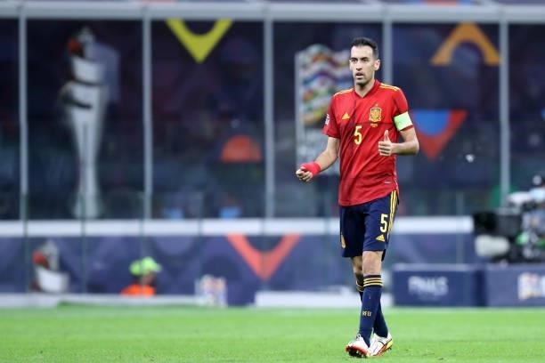 Sergio Busquets of Spain gestures during the UEFA Nations League Final match between the Spain and France at San Siro Stadium on October 10, 2021 in...