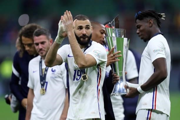 Karim Benzema of France celebrate after winning the UEFA Nations League Final match between the Spain and France at San Siro Stadium on October 10,...