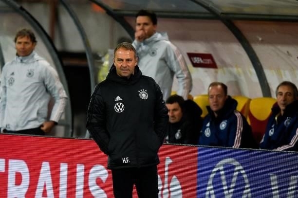 Germany's head coach Hans-Dieter Flick looks on during the FIFA World Cup Qatar 2022 qualification Group J football match between North Macedonia and...
