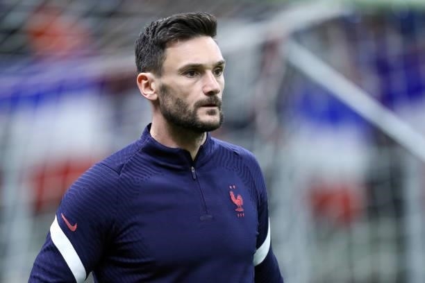 Hugo Lloris of France warm up prior to the UEFA Nations League Final match between the Spain and France at San Siro Stadium on October 10, 2021 in...