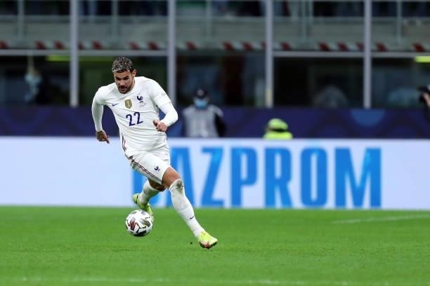 Theo Hernandez of France controls the ball during the UEFA Nations League Final match between the Spain and France at San Siro Stadium on October 10,...