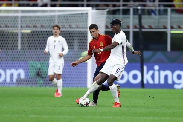 Paul Pogba of France and Rodri Hernandez of Spain battle for the ball during the UEFA Nations League Final match between the Spain and France at San...