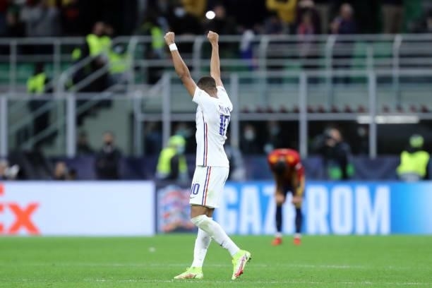 Kylian Mbappe of France celebrate after winning the UEFA Nations League Final match between the Spain and France at San Siro Stadium on October 10,...