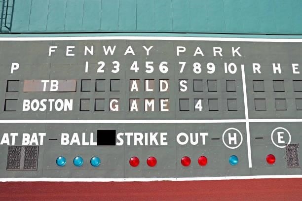 Detail shot of the scoreboard prior to Game 4 of the ALDS between the Tampa Bay Rays and the Boston Red Sox at Fenway Park on Monday, October 11,...