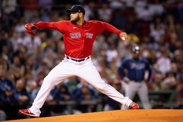 Eduardo Rodriguez of the Boston Red Sox delivers a pitch during the first inning of game four of the 2021 American League Division Series against the...