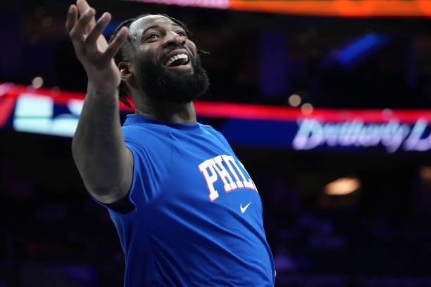 Andre Drummond of the Philadelphia 76ers warms up before a preseason game on October 11, 2021 at Wells Fargo Center in Philadelphia, Pennsylvania....