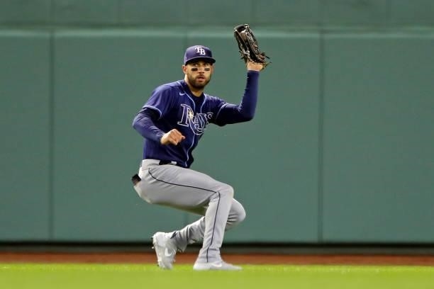 Kevin Kiermaier of the Tampa Bay Rays makes a catch in the bottom of the second inning during Game 4 of the ALDS between the Tampa Bay Rays and the...