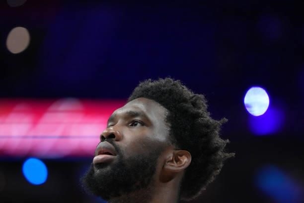 Joel Embiid of the Philadelphia 76ers warms up before a preseason game on October 11, 2021 at Wells Fargo Center in Philadelphia, Pennsylvania. NOTE...