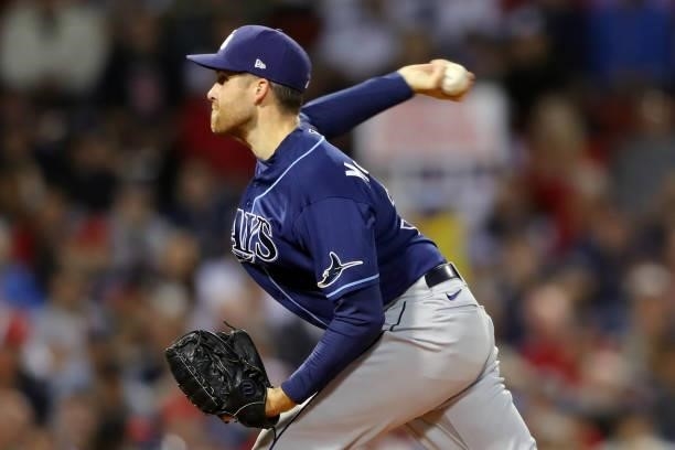 Collin McHugh of the Tampa Bay Rays pitches during Game 4 of the ALDS between the Tampa Bay Rays and the Boston Red Sox at Fenway Park on Monday,...