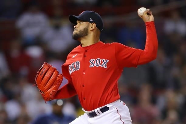 Eduardo Rodriguez of the Boston Red Sox pitches in the top of the first inning during Game 4 of the ALDS between the Tampa Bay Rays and the Boston...