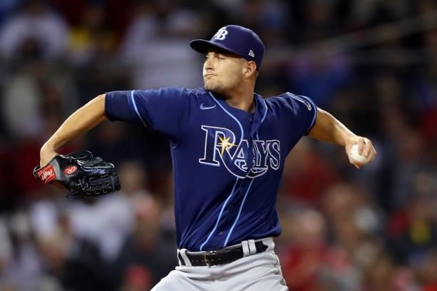 Shane McClanahan of the Tampa Bay Rays pitches in the bottom of the third inning during Game 4 of the ALDS between the Tampa Bay Rays and the Boston...
