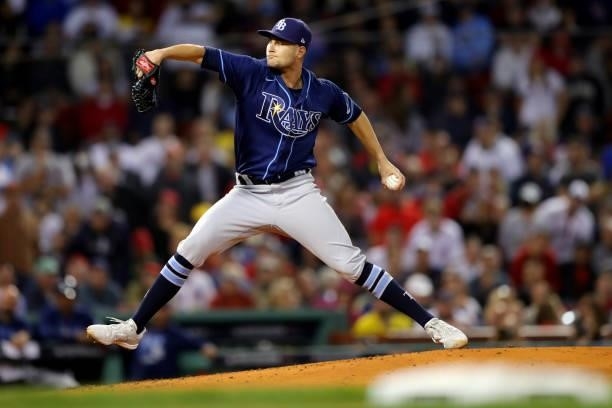 Shane McClanahan of the Tampa Bay Rays pitches in the bottom of the third inning during Game 4 of the ALDS between the Tampa Bay Rays and the Boston...