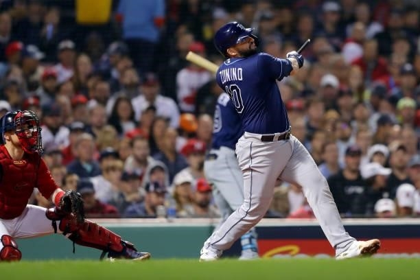 Mike Zunino of the Tampa Bay Rays breaks his bat during Game 4 of the ALDS between the Tampa Bay Rays and the Boston Red Sox at Fenway Park on...